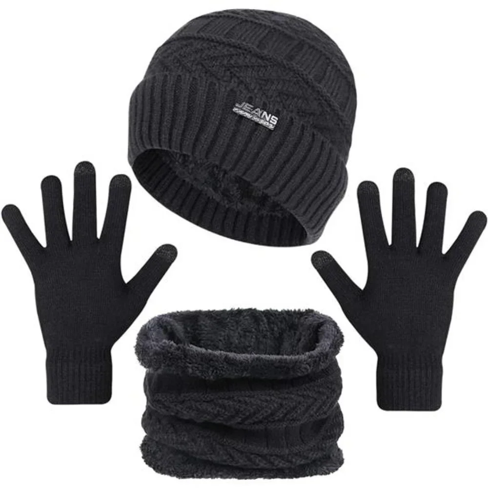 3-Pieces Winter Beanie Hats, Scarf and Touch Screen Gloves Set Unisex